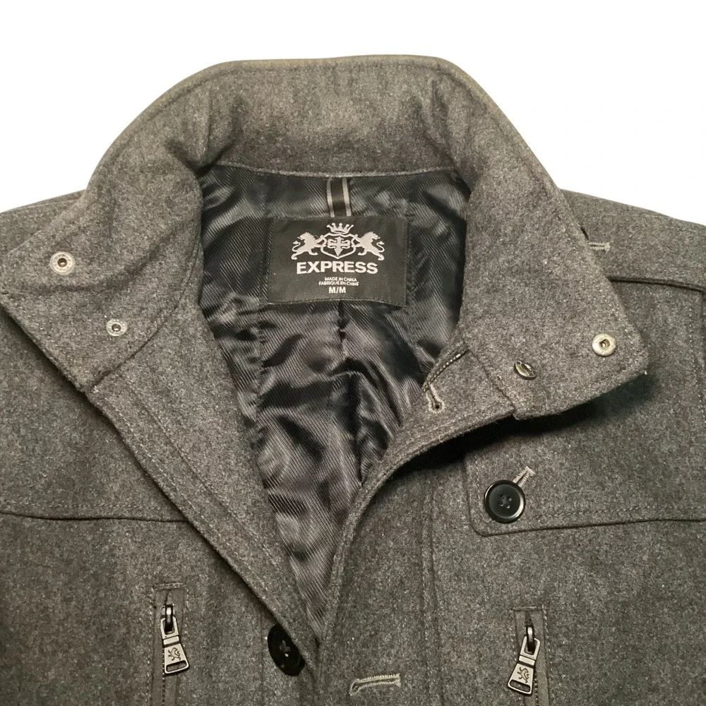 Express Mens Heather Grey Wool Blend Field Jacket Hooded Coat 37F3440 Size M